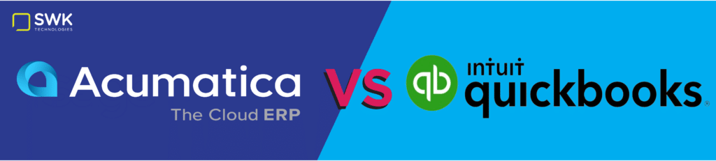 Header image comparing Acumatica Cloud ERP versus QuickBooks accounting software, featuring their logos on a split background of navy blue and light blue, with a white and yellow SWK Technologies logo in the upper left corner