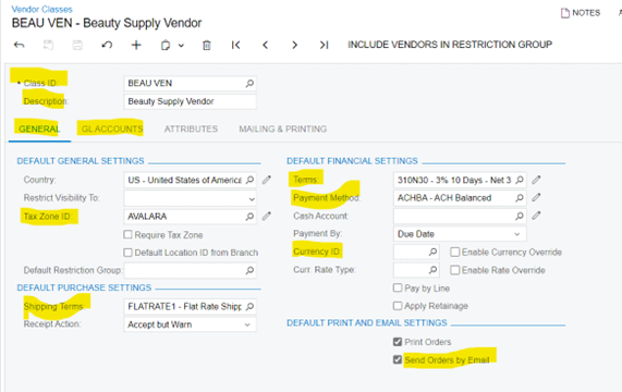 Example of a Vendor Class in Acumatica, with Class ID, Description, Tax Zone ID and other fields highlighted yellow