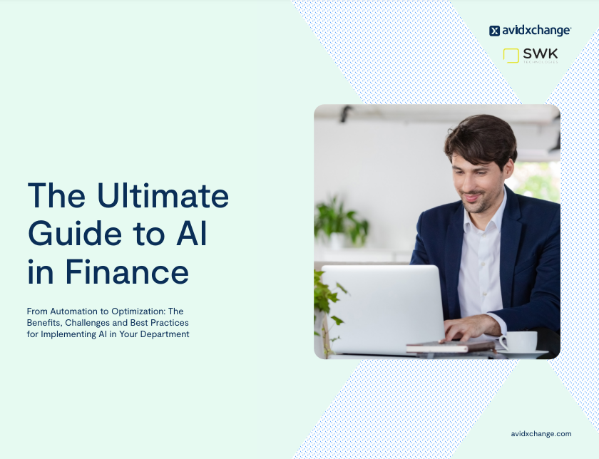 Cover image for Ultimate Guide to AI in Finance ebook, with the title in dark blue against a light green background and a man on a laptop on the right