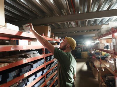 Man in green shirt and beige hat in middle of warehouse aisle collecting Just-in-Case inventory