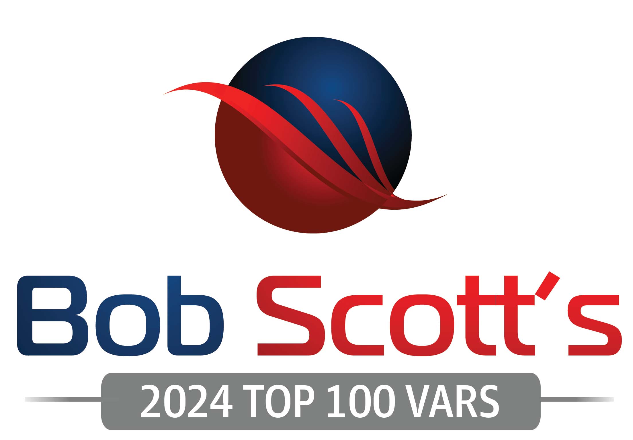 Red and blue circular logo for Bob Scott's 2024 Top 100 VARs with text below