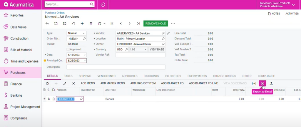 A menu in Acumatica showing the Export to Excel prompt, with a magenta color scheme.
