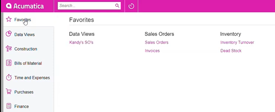 A menu in Acumatica showing the Favorites tab, with a magenta color scheme.