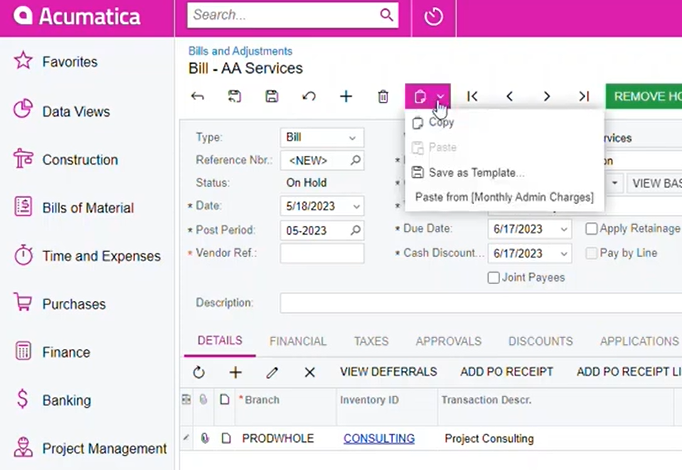 A menu in Acumatica showing the Save as Template prompt, with a magenta color scheme.