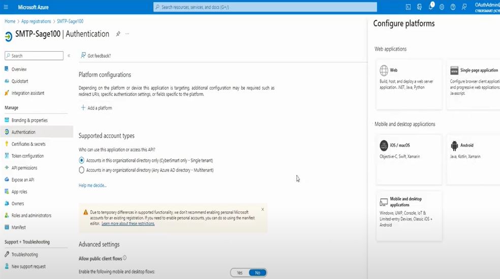 A screen in Microsoft Azure for setting up Oauth in Sage 100 SMTP to use in Paperless Office