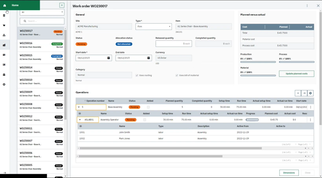 An image of a report in SDMO for Sage Intacct manufacturing showing a work order breakdown