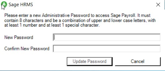 Sage HRMS password update dialog requiring new administrative password input with specific criteria.