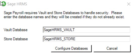 A window prompt to configure the Sage Payroll database connected to Sage HRMS