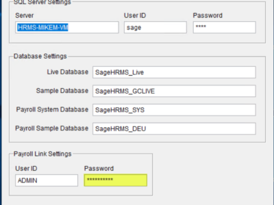 Database connection tool interface in Sage HRMS with SQL server settings, database settings, and Sage 100 Payroll Link settings