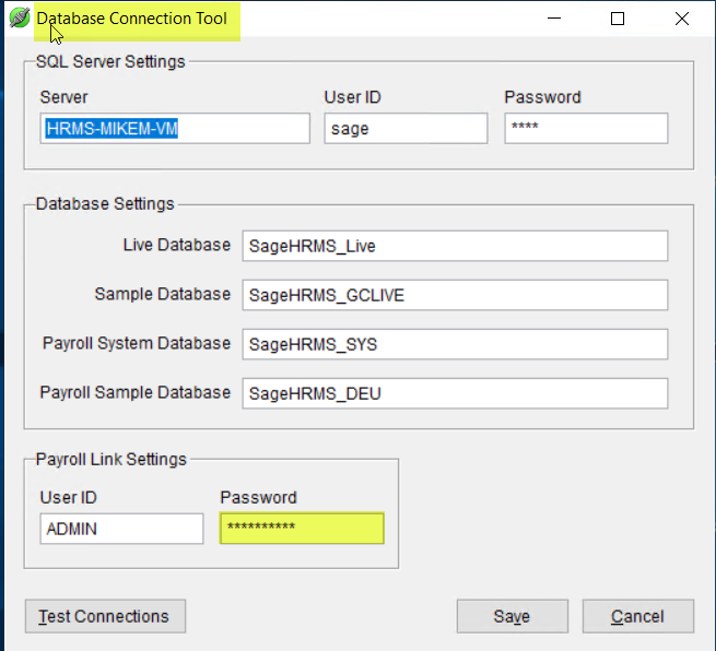 Database connection tool interface in Sage HRMS with SQL server settings, database settings, and Sage 100 Payroll Link settings