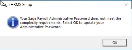 A window prompt in Sage HRMS asking the user to update their Administrative Password for the Sage Payroll database connection.