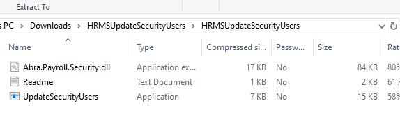 Download folder showing three files: Abra.Payroll.Security.dll, a Readme text document, and an UpdateSecurityUsers application