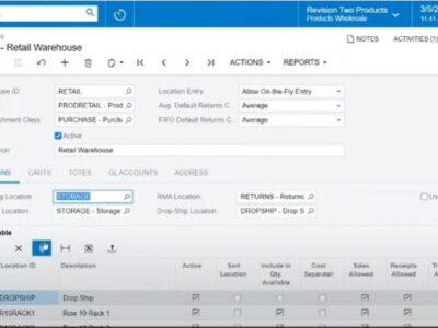 A screenshot in Acumatica WMS showing a report for warehouse being managed in the ERP system, with fields including Warehouse ID, Location Entry, Branch, Replenishment Class, and Description, and tabs for Locations, Carts, Totes and FL Accounts displaying various reports