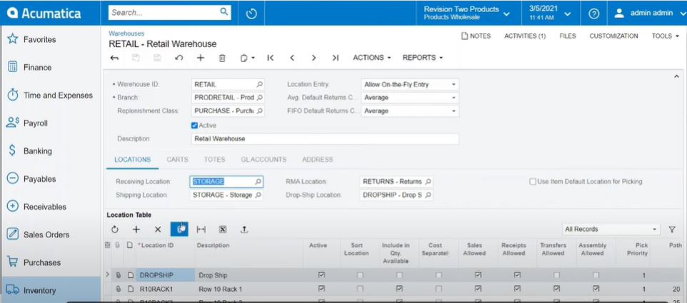 A screenshot in Acumatica WMS showing a report for warehouse being managed in the ERP system, with fields including Warehouse ID, Location Entry, Branch, Replenishment Class, and Description, and tabs for Locations, Carts, Totes and FL Accounts displaying various reports