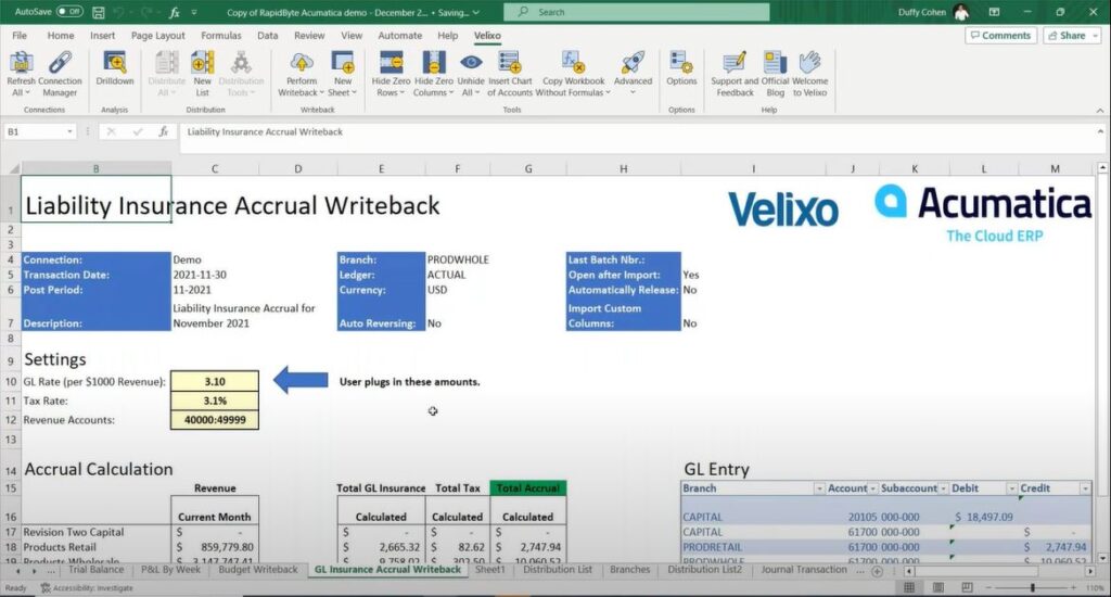 Velixo add-in for Excel displaying an Acumatica-connected Liability Insurance Accrual Writeback worksheet with revenue calculations and GL postings.