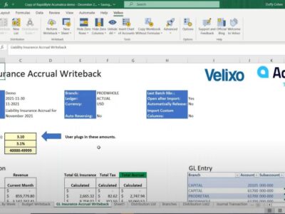 Velixo add-in for Excel displaying an Acumatica-connected Liability Insurance Accrual Writeback worksheet with revenue calculations and GL postings.