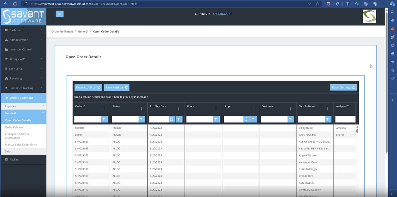 Screenshot of the Savant WMS order fulfillment grid view integrated with Acumatica ERP, displaying multiple order records with basic shipping information and order statuses in a sortable table format