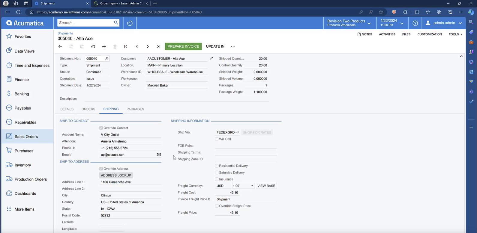 Screenshot of the Acumatica ERP system's shipping management interface integrated with Savant WMS, showing a detailed shipment form with shipping contact information, address details, and freight calculations.