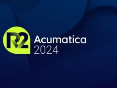 Acumatica 2024 spelled out over a blue background with R2 framed to the left in yellow