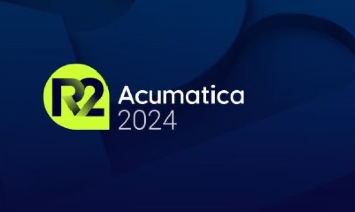 Acumatica 2024 spelled out over a blue background with R2 framed to the left in yellow