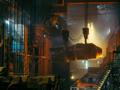 Dark manufacturing factory floor illuminated by orange and blue lighting, with steel production equipment and workers visible in the background, exemplifying production operations that could benefit from Acumatica Manufacturing Edition.