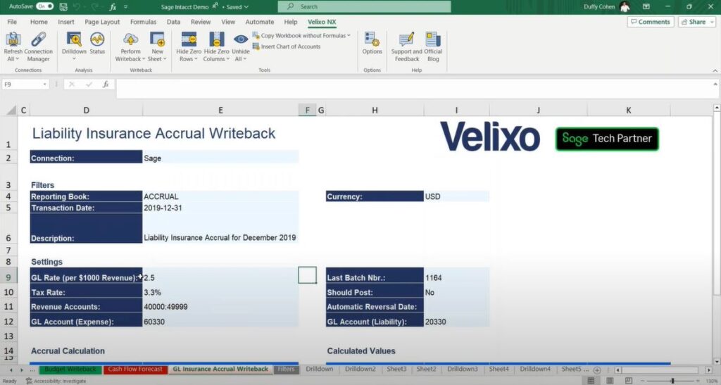 Velixo add-in for Excel displaying a Liability Insurance Accrual Writeback worksheet connected to Sage Intacct, showcasing integration features and custom Velixo NX ribbon 