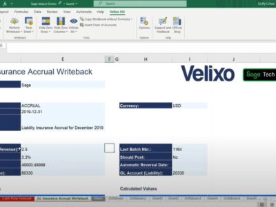 Velixo add-in for Excel displaying a Liability Insurance Accrual Writeback worksheet connected to Sage Intacct, showcasing integration features and custom Velixo NX ribbon