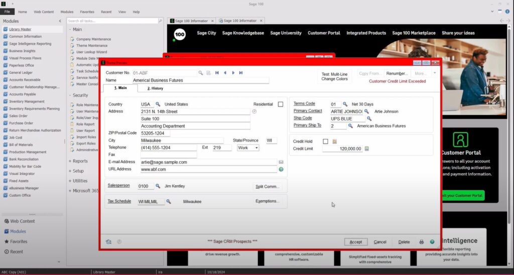 A customer record window in Sage 100 with a red theme border applied, demonstrating how custom themes can visually distinguish different company databases.