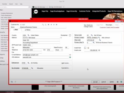 A customer record window in Sage 100 with a red theme border applied, demonstrating how custom themes can visually distinguish different company databases.