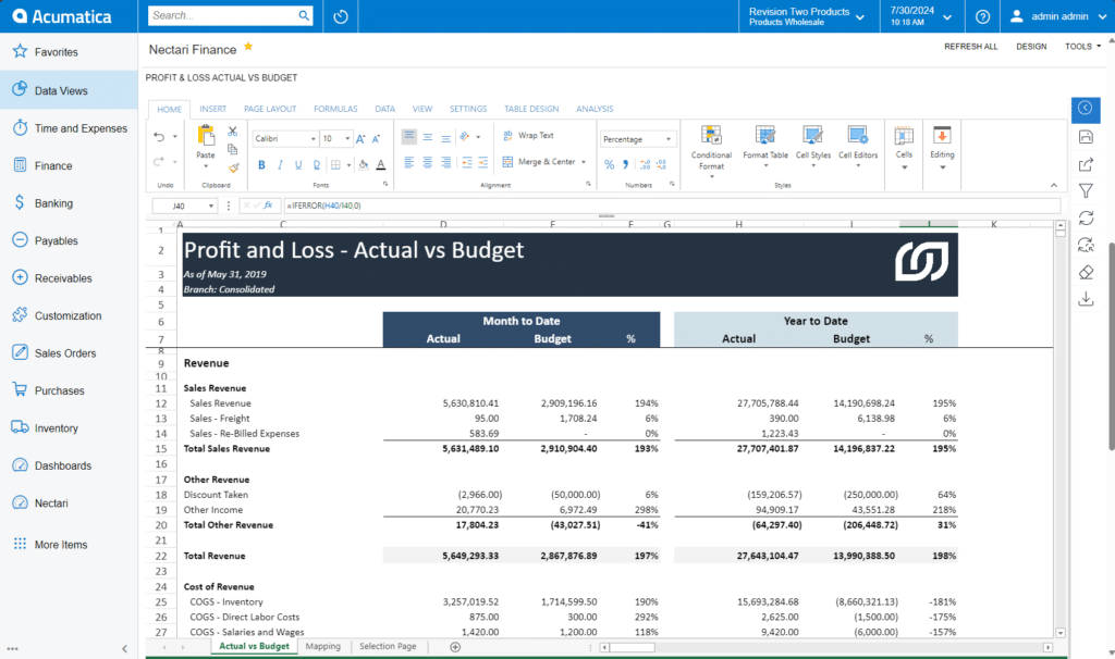 A Nectari profit and loss comparison dashboard within Acumatica shows detailed month-to-date and year-to-date budget versus actual analysis with revenue and cost breakdowns.