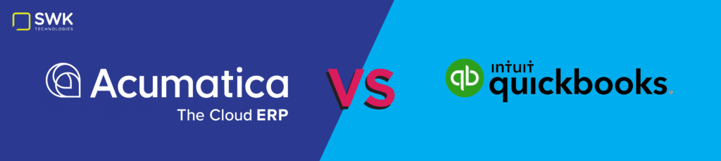 The image shows a comparison header design featuring the logos and branding of two software companies: Acumatica and QuickBooks. The Acumatica logo appears on the left side against a dark blue/purple background, with "The Cloud ERP" tagline underneath. A large "VS" text in red/pink sits in the center, while the QuickBooks logo with Intuit branding appears on the right against a light blue background. The SWK Technologies logo is visible in the top left corner. The header uses a modern, clean design style with contrasting brand colors to visually represent the software comparison.