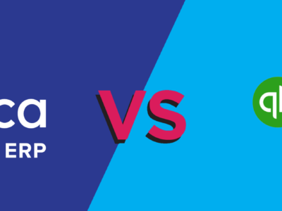 The image shows a comparison header design featuring the logos and branding of two software companies: Acumatica and QuickBooks. The Acumatica logo appears on the left side against a dark blue/purple background, with "The Cloud ERP" tagline underneath. A large "VS" text in red/pink sits in the center, while the QuickBooks logo with Intuit branding appears on the right against a light blue background. The SWK Technologies logo is visible in the top left corner. The header uses a modern, clean design style with contrasting brand colors to visually represent the software comparison.