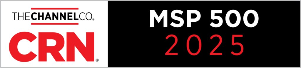 A banner image showing The Channel Co and CRN logos on the left in red and white, with "MSP 500 2025" text displayed in white on a black background on the right, published on SWK Technologies' website for their placement on the CRN MSP 500 list for 2025.