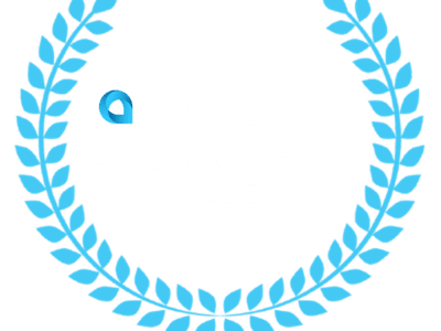 A decorative laurel wreath formed by two curved branches with light blue leaves, symbolizing excellence and achievement, with a small Acumatica logo in the same light blue color positioned in the upper left portion of the wreath. This design represents recognition for Acumatica Presidents Club 2025 award recipients.