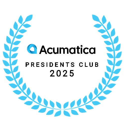 Light blue laurel wreath framing the Acumatica logo and text "PRESIDENTS CLUB 2025" in black letters against a white background, representing membership in Acumatica's Gold partner program.