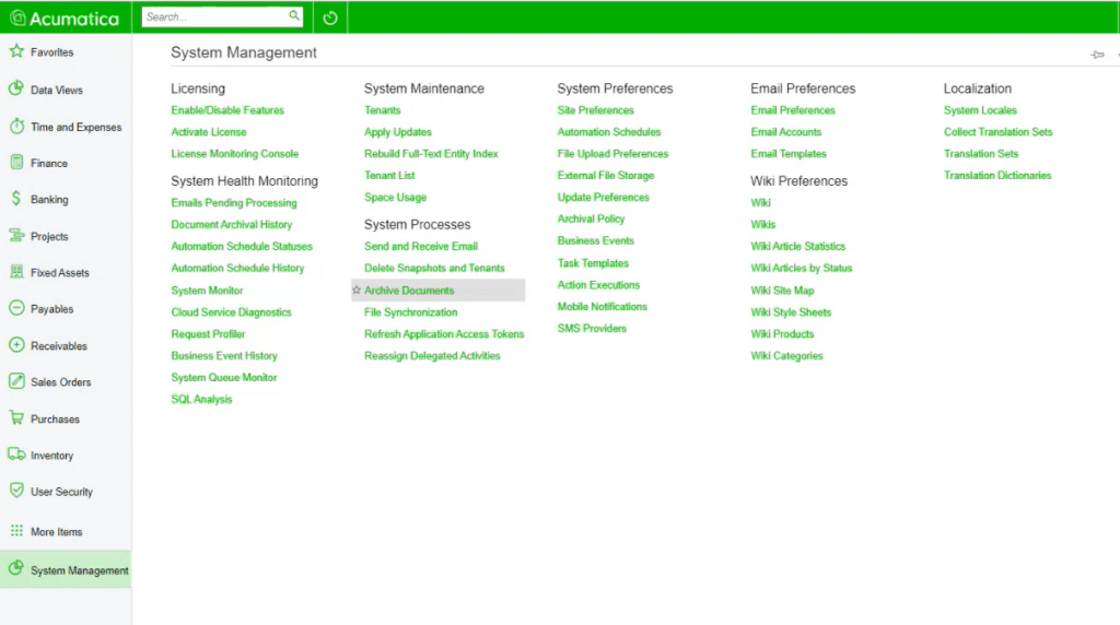 Acumatica System Management interface showing the main administration console. The screen displays a comprehensive menu of system configuration options organized in columns: Licensing (with Enable/Disable Features), System Maintenance (including Tenants and Updates), System Preferences, Email Preferences, Localization, System Health Monitoring (showing Emails Pending Processing and various monitoring tools), System Processes (with Send and Receive Email functions), and Wiki Preferences. The left navigation panel shows standard Acumatica modules with "System Management" highlighted in green at the bottom. The "Archive Documents" option is selected within the System Processes section. 