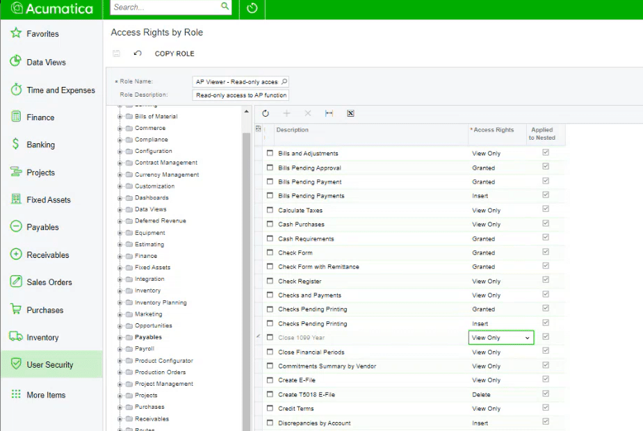 Acumatica ERP system interface displaying the Access Rights by Role configuration screen. The left navigation panel shows various modules with "User Security" highlighted in green. The main content shows permission settings for the "AP Viewer - Read-only access" role, with a hierarchical module menu on the left and a detailed permissions table on the right. The table displays various AP-related functions like Bills and Adjustments, Bills Pending Approval, and Cash Purchases, with their corresponding access rights (View Only, Granted, Insert) and whether permissions apply to nested items.