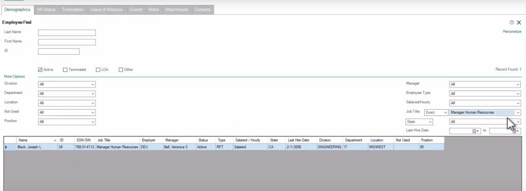  Sage HRMS Employee Find interface with expanded More Options section displaying advanced filtering criteria. Multiple dropdown filters are visible for Division, Department, Location, Employee Type, and other categories. The Job Title filter is set to "Exact" with "Manager Human Resources" selected, resulting in one filtered employee record shown (Black, Joseph L.) with complete employment details including division, department, and hire date.