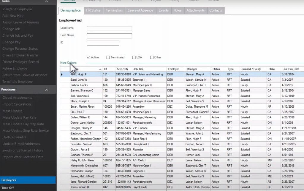  Sage HRMS Employee Find interface displaying search fields for Last Name, First Name, and ID, with the Active employee filter selected. The cursor points to the "More Options" link for advanced filtering. Below is a data grid showing multiple employee records with columns for employee details including name, ID, job title, manager, status, and hire date.