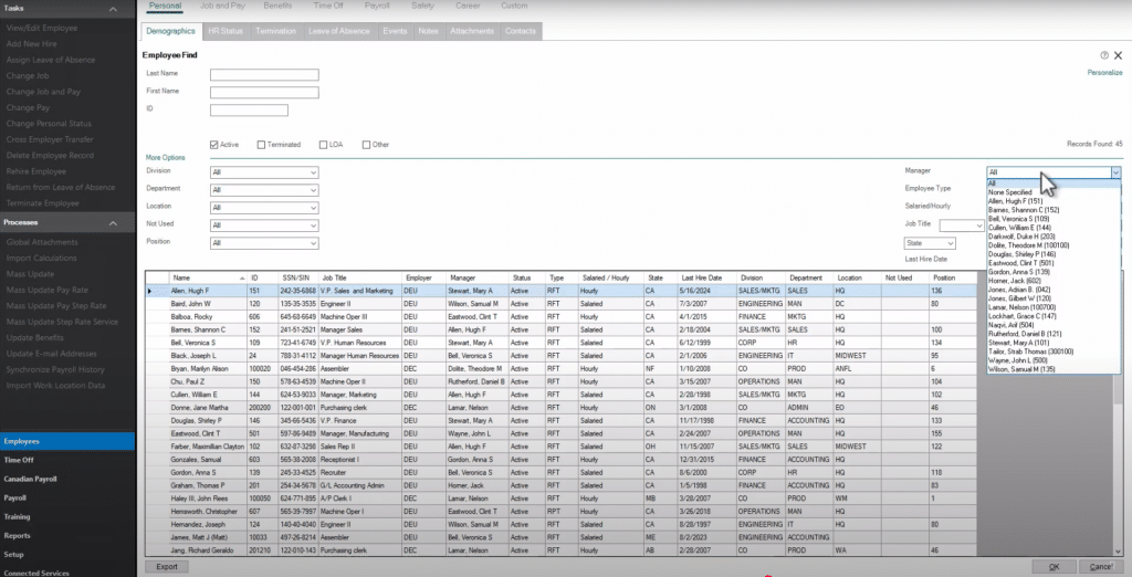 Sage HRMS Employee Find screen with the More Options section expanded. The Manager dropdown menu is open, displaying a list of selectable managers for filtering employees. The interface shows search fields, active employee filter, and a data grid containing employee records with comprehensive details including names, IDs, positions, departments, and hire dates. An Export button appears at the bottom of the screen.