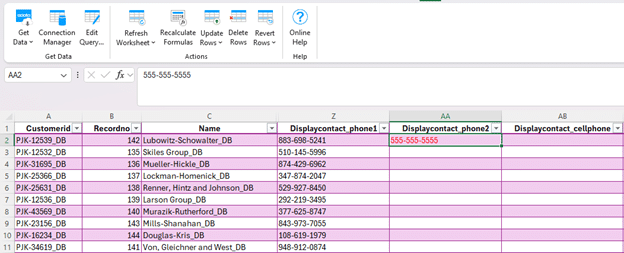 Screenshot of CData Excel integration for Sage Intacct showing the CData toolbar and customer data with contact information. The interface displays company names and phone numbers pulled directly from Sage Intacct, demonstrating how users can access and work with financial data within Excel.