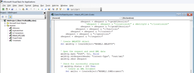 Screenshot of Microsoft Visual Basic for Applications (VBA) editor showing custom macro code for Sage Intacct API integration. The code displays HTTP requests and response handling, demonstrating how custom programming can automate data exchange between Excel and Sage Intacct.