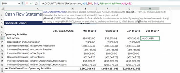 Screenshot of Excel spreadsheet showing Velixo integration with Sage Intacct. The image displays a Cash Flow Statement with formula functionality at the top and financial data across multiple periods (Q1 2018), demonstrating how financial data can be pulled directly from Sage Intacct into Excel for reporting.